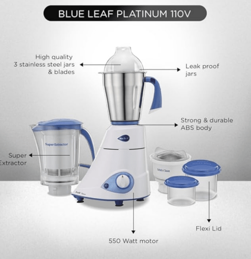 Preethi Platinum MG-153 mixer grinder, 550 watt, 3 jars includes Super Extractor juicer Jar with 2 Air-Tight Containers (White/Blue) - Image 2